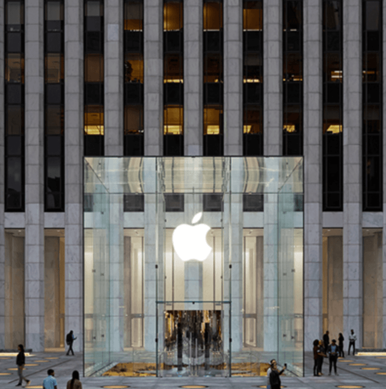 A front view picture of the flagship Apple Store in NYC.